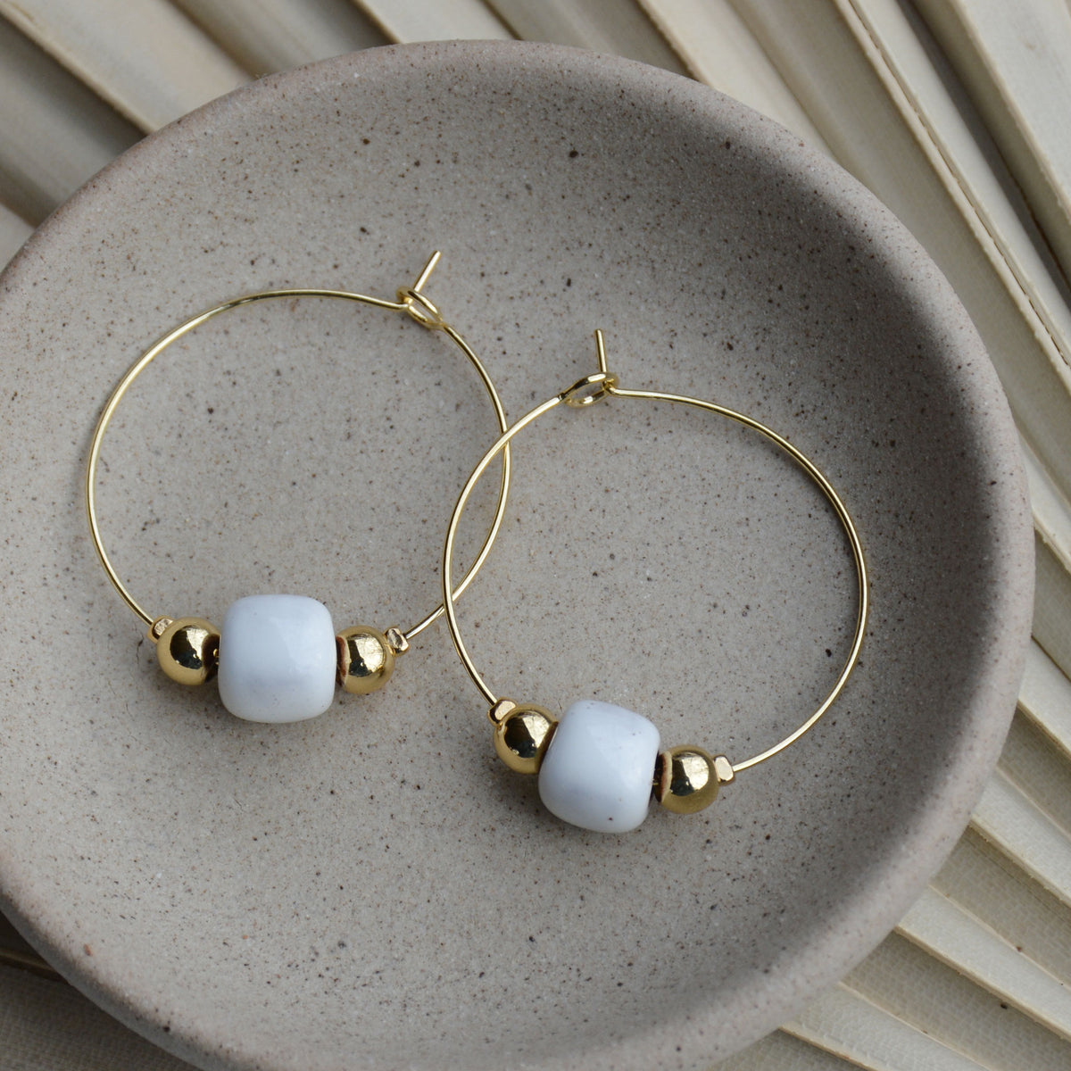 White Square Clay Bead Gold Hoop Earrings – Bèl Kòz Haiti