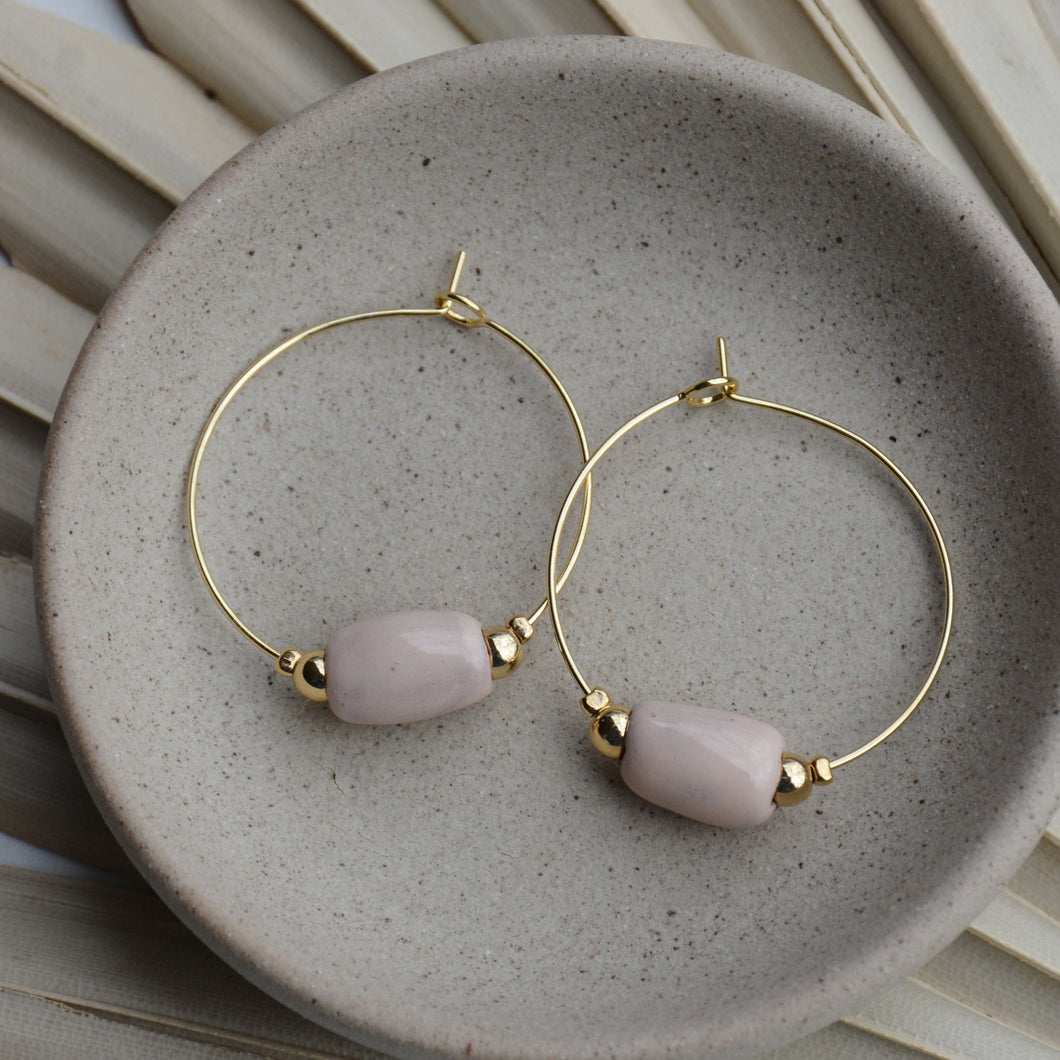 Blush | Cylinder Clay Bead Gold Hoop Earrings
