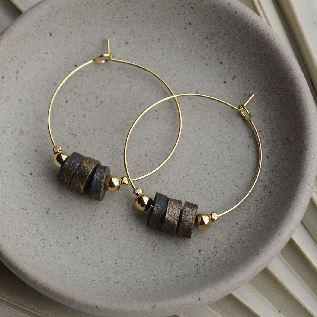 Brushed Gold Pit Fire | Flat Clay Bead Gold Hoop Earrings