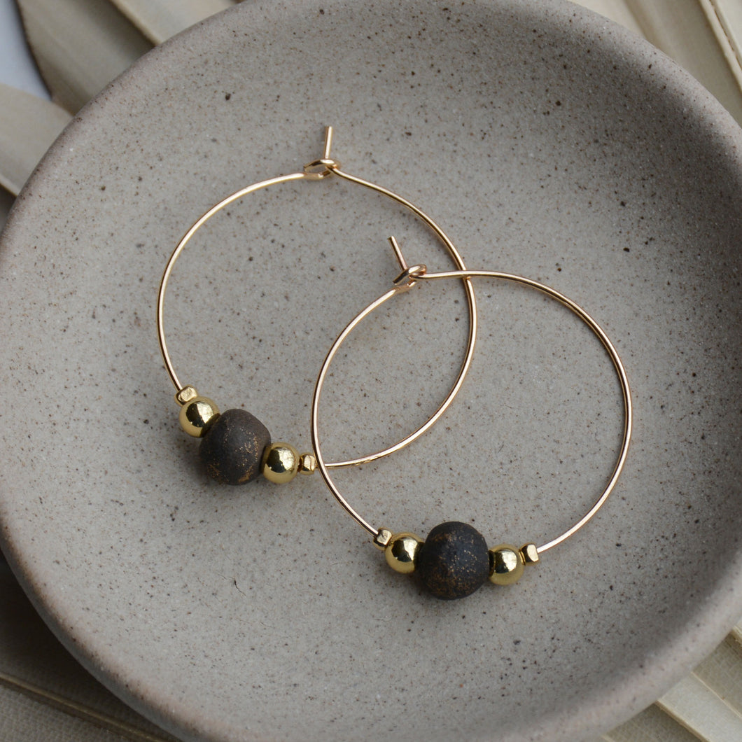 Brushed Gold Pit Fire | Round Clay Bead Gold Hoop Earrings