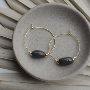 Charcoal | Cylinder Clay Bead Gold Hoop Earrings