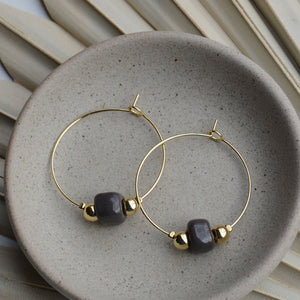 Charcoal | Square Clay Bead Gold Hoop Earrings
