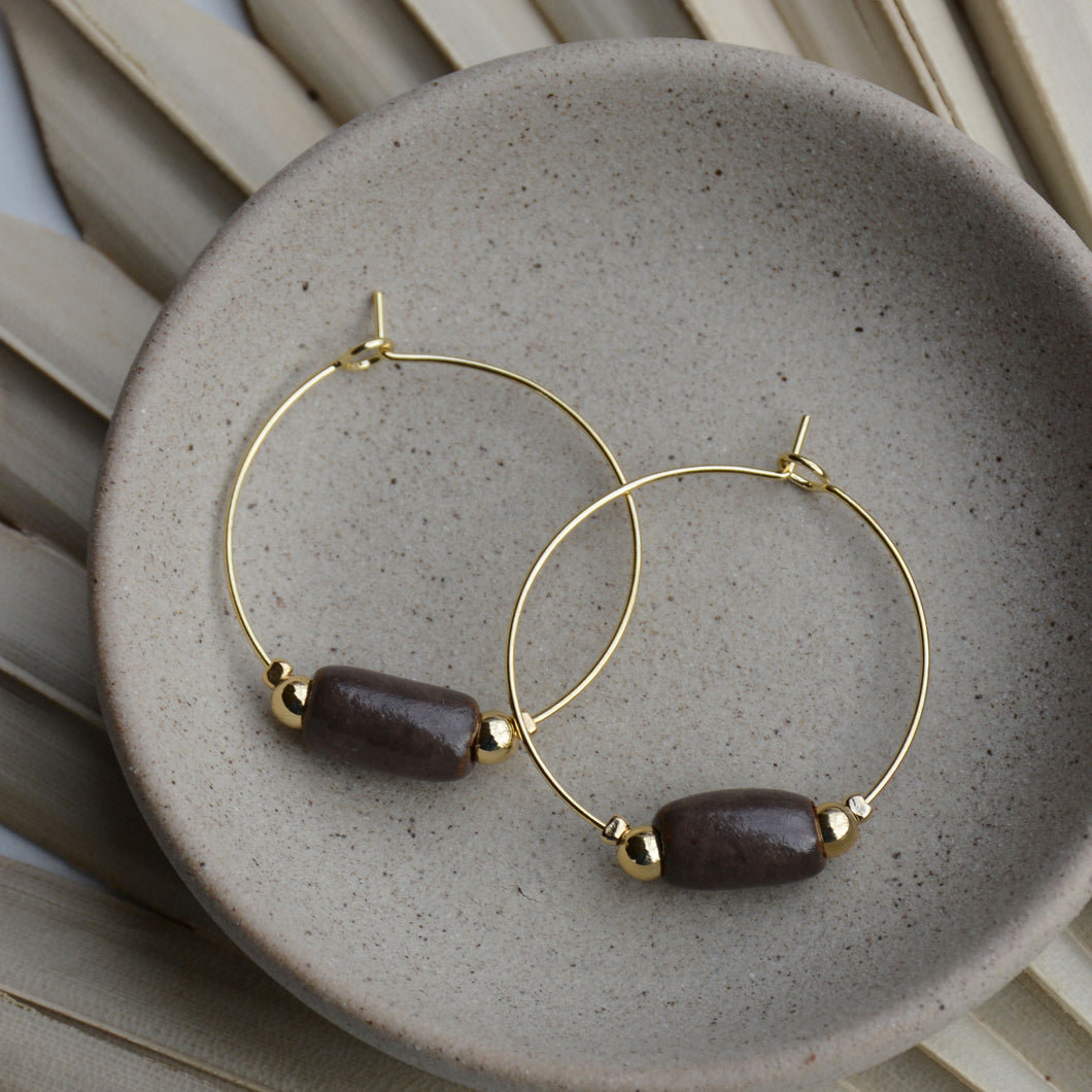 Fog | Cylinder Clay Bead Gold Hoop Earrings