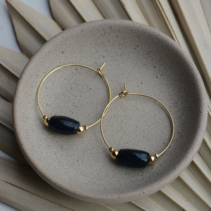 French Navy | Cylinder Clay Bead Gold Hoop Earrings