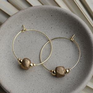 Gold Pit Fire | Square Clay Bead Gold Hoop Earrings