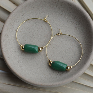 Green | Cylinder Clay Bead Gold Hoop Earrings