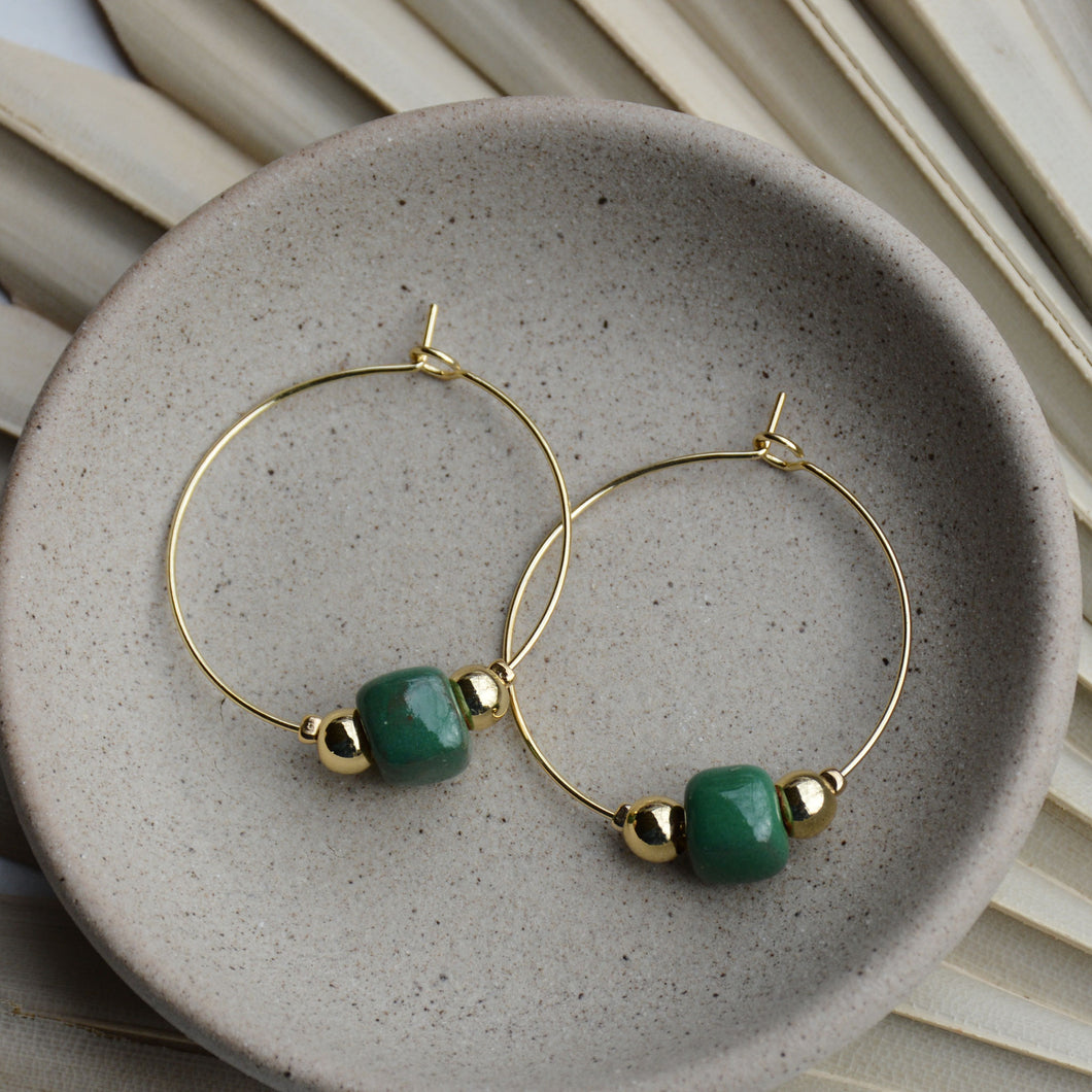 Green | Square Clay Bead Gold Hoop Earrings