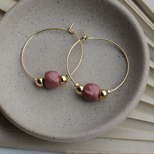 Mauve | Square Clay Bead Gold Hoop Earrings