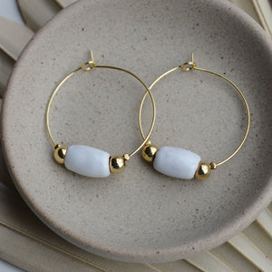 White | Cylinder Clay Bead Gold Hoop Earrings