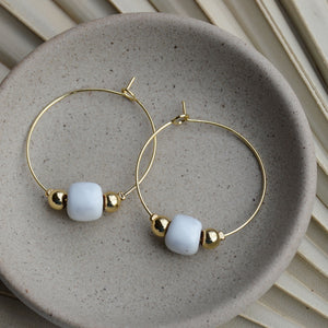 White | Square Clay Bead Gold Hoop Earrings