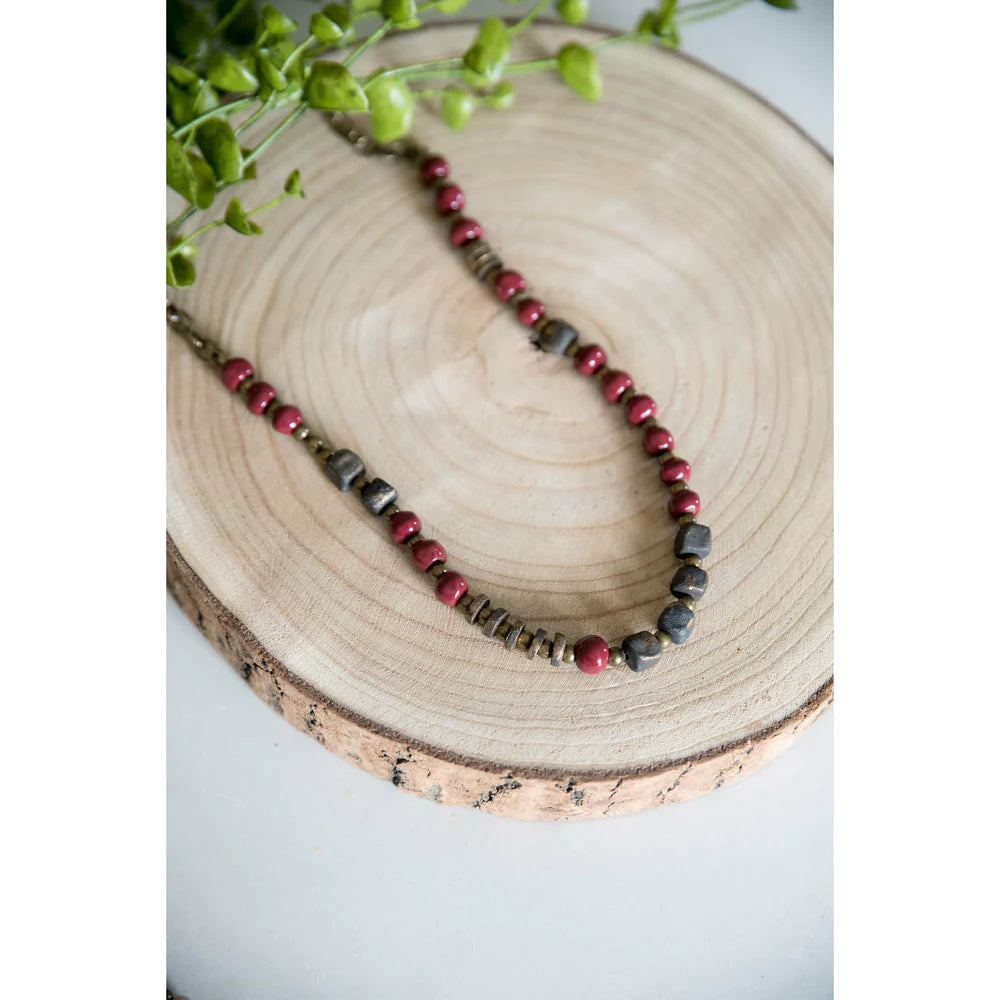 Bel Koz Mixed Charcoal Squared Single Clay Necklace - BURGUNDY - Link in description to purchase at Betsey's